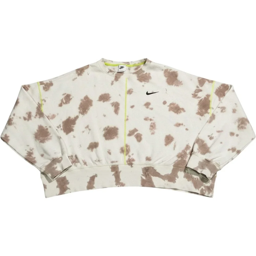 Nike Women Sportswear Tie Dye Cropped Fleece Sweatshirt Brown Lime Large 1878